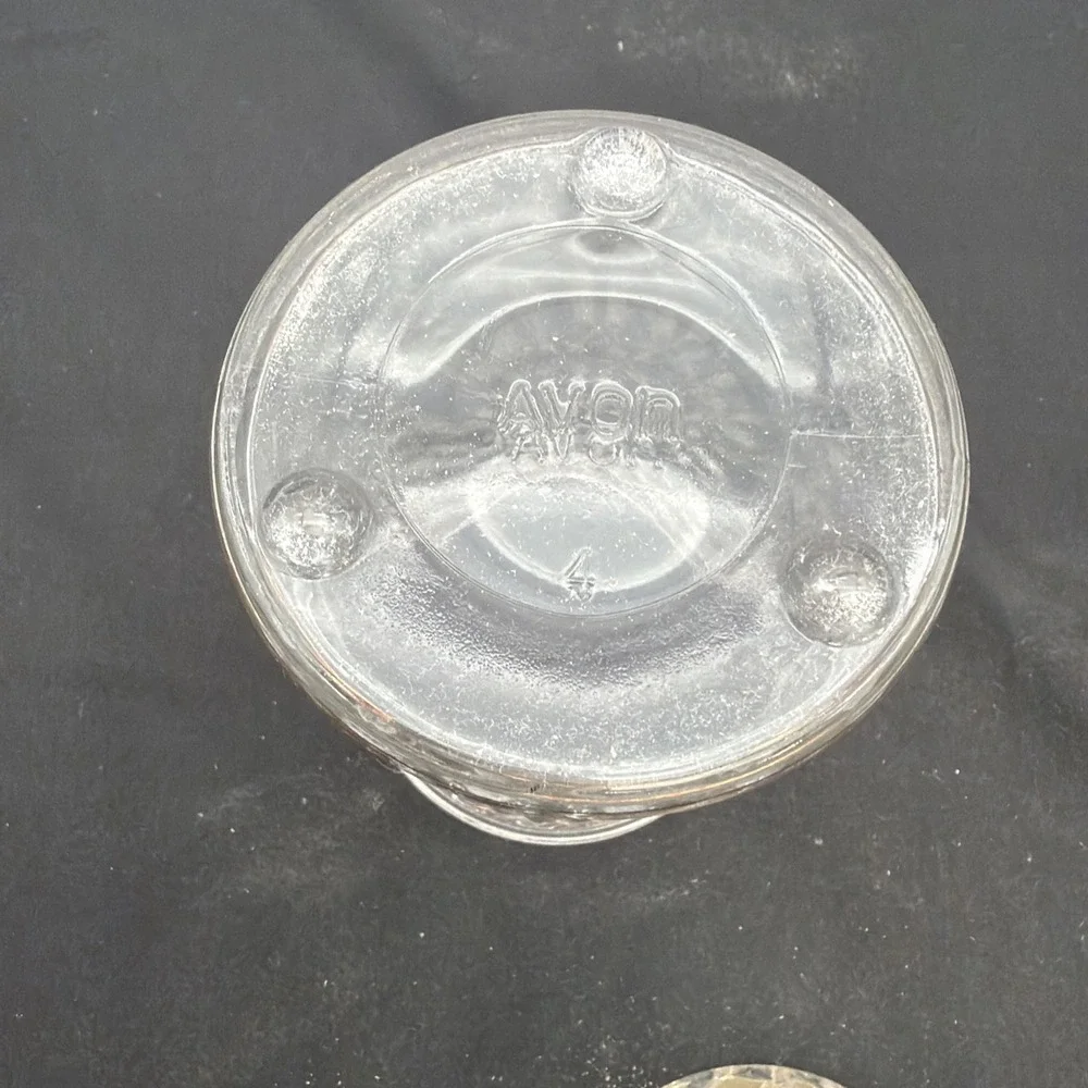 Vintage Avon Clear Glass Jar Carved Cut Pattern Bottle Dish + Lid w/ Feet - 5